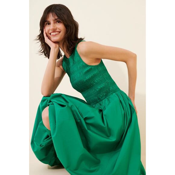 Madewell The Melody Bubble Hem Smocked Midi Dress Poplin Small Verdant Green NWT - Picture 2 of 10